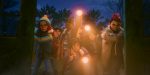 "A group of animated kids, dressed for cool weather, stand bravely on a wooden bridge at night, some holding glowing lights, looking determined as if facing a challenge together."