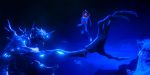 "Animated scene of a young person jumping above a glowing, monstrous creature with large claws in a dark, mystical, blue-lit environment, creating a sense of action and suspense."